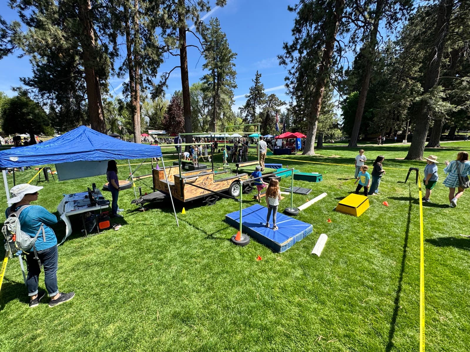 The AIM mobile parkour playground set up at an outdoor park